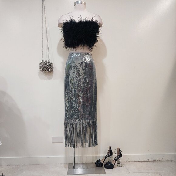 ๐ฅSHOWSTOPPER!๐ฅLulus 1920's Flapper Style Silver Sequin Fringe Pencil Skirt - Picture 6 of 16